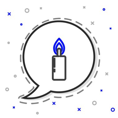 Satır Yanan mum simgesi beyaz arkaplanda izole edildi. Silindirik mum çubuğu ve yanan ateş. Renkli taslak konsepti. Vektör İllüstrasyonu.