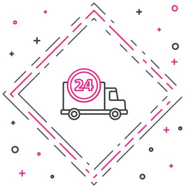 Beyaz arka planda izole edilmiş araç ikonu ile 24 saat hızlı servis. Renkli taslak konsepti. Vektör İllüstrasyonu.