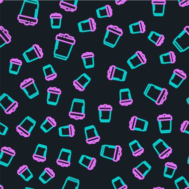 Çizgili kahve fincanı siyah arka planda izole edilmiş ikon haline gelir. Vektör İllüstrasyonu.