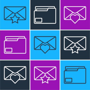 Zarfı yıldızla, Zarfı sevgililer günü kalbiyle ve belge klasörü simgesiyle ayarla. Vektör.