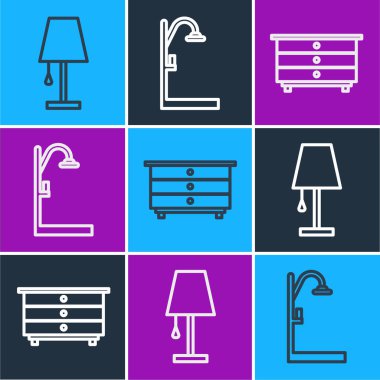Çizgi masa lambası, çekmece sandığı ve duş simgesi. Vektör.