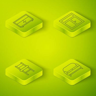 Isometric Window 'u odaya, sandalyeye, kanepeye ve çekmece simgesine yerleştir. Vektör.