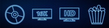 HD video, CD veya DVD disk, 16k ve kutuda patlamış mısırla birlikte Screen TV ile Smart satırını ayarla. Tuğla duvarda parlayan neon simgesi. Vektör.