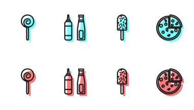 Dondurma, lolipop, sos şişesi ve pizza ikonu. Vektör.