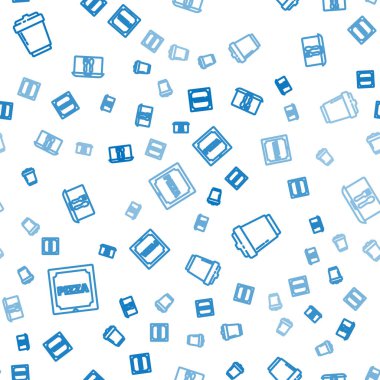 Çizgi pizzayı karton kutuya koy, kahve bardağını paket yap ve sipariş ver. Vektör.