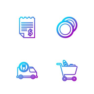 Alışveriş arabası ve yiyecek, hızlı teslimat, kağıt ya da finansal çek ve plaka. Renk simgeleri. Vektör.
