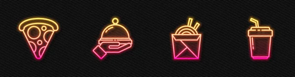 设置线亚洲面条和筷子 披萨片 涵盖托盘食物和咖啡杯去 发光的霓虹灯图标 — 图库矢量图片