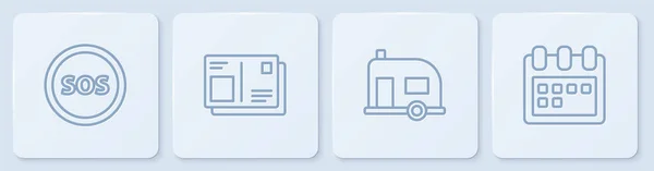 设置有Sos Rv露营拖车 护照签证图章和日历的线路位置 白色正方形按钮 — 图库矢量图片