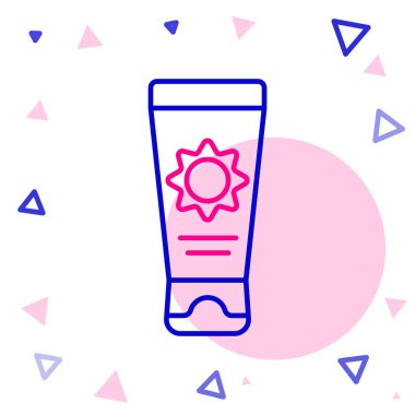 Beyaz arkaplanda izole edilmiş tüp simgesiyle çizgi güneş kremi. Cilt için güneş ultraviyole ışığından koruma. Renkli taslak konsepti. Vektör İllüstrasyonu.