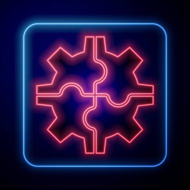 Parlayan neon dişli simgesi mavi arkaplanda izole edildi. Çarklı teçhizat ayarları. İşçi sembolü. Vektör İllüstrasyonu.