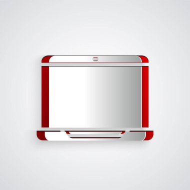 Kağıt kesiği Laptop simgesi gri arkaplanda izole edildi. Boş ekran işaretli bilgisayar defteri. Kağıt sanatı tarzı. Vektör İllüstrasyonu.