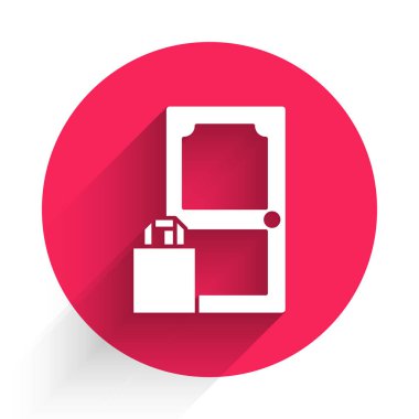 White Online sipariş ve fast food dağıtım ikonu uzun gölgeli. Kırmızı daire düğmesi. Vektör İllüstrasyonu.