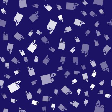 Beyaz kağıt alışveriş torbası ve yiyecek ikonu mavi arka planda izole edilmiş pürüzsüz desen. Yiyecek dükkanı, süpermarket. Vektör İllüstrasyonu.