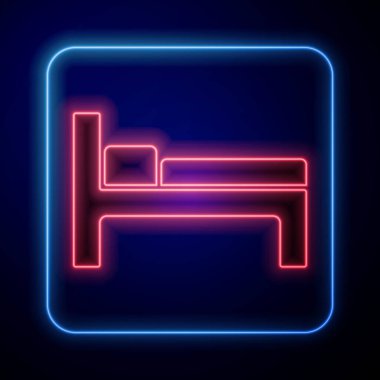 Parlayan neon yatak simgesi mavi arkaplanda izole edildi. Vektör İllüstrasyonu.