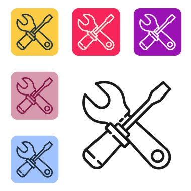 Beyaz arkaplanda siyah çizgi tornavida ve anahtar anahtarı simgesi izole edildi. Servis aracı sembolü. Renkli kare düğmelerle simgeleri ayarla. Vektör İllüstrasyonu.