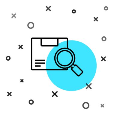 Siyah çizgi Arama paket simgesi beyaz arkaplanda izole edildi. Paket takibi. Büyüteç ve karton kutu. Lojistik ve teslimat. Rastgele dinamik şekiller. Vektör İllüstrasyonu.