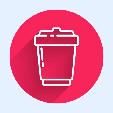 Beyaz çizgi kahve fincanı uzun gölgeli bir ikona dönüşecek. Kırmızı daire düğmesi. Vektör İllüstrasyonu.