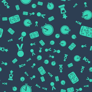 Kronometre, Ödül kupası, Madalya ve Planlama stratejisini kusursuz desen üzerine ayarla. Vektör.