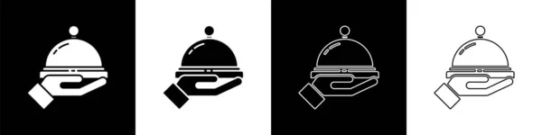 Комплект Covered Иконой Еды Выделенной Черно Белом Фоне Поднос Знак — стоковый вектор