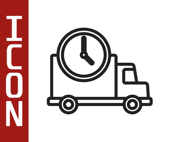 Zwarte Lijn Logistiek Vrachtwagen Klok Pictogram Geïsoleerd Witte Achtergrond Levertijd — Stockvector