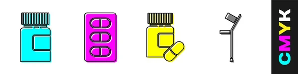 Set Medikamentenflasche Pillen Blisterverpackung Medikamentenflasche Und Pillen Und Krücken Symbol — Stockvektor