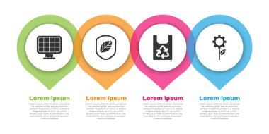 Güneş enerjisi panelini, yapraklı kalkanı, geri dönüşümlü plastik torbayı ve dişli makinede Yaprak fabrikasını ayarla. Ticari bilgi şablonu. Vektör.