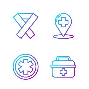 İlk yardım çantası, acil servisin tıbbi sembolü, bilinç kurdelesi ve çapraz hastaneli harita işaretleyicisi. Renk simgeleri. Vektör.