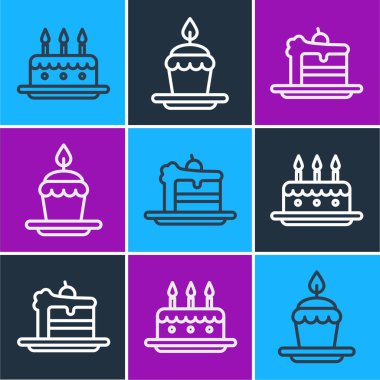 Cake 'i yanan mumlarla, Pastayı yanan mumlarla ayarlayın. Vektör.