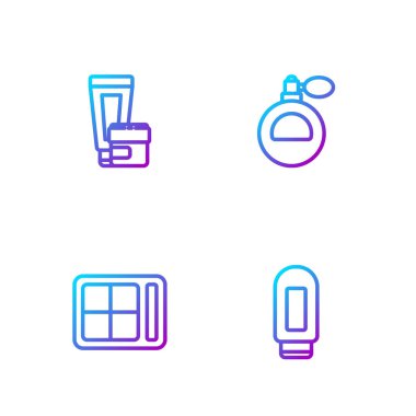 Krem ya da losyon kozmetik tüpü, göz farı paleti ve parfüm. Renk simgeleri. Vektör.