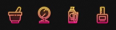 Krem veya losyon kozmetik tüpü, havan topu ve tokmak, yuvarlak makyaj aynası ve tırnak cilası şişesi. Parlayan neon ikonu. Vektör.