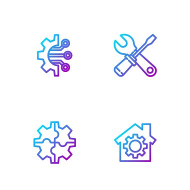 House 'u vitesli, vitesli, algoritmalı, tornavidalı ve anahtarlı ayarla. Renk simgeleri. Vektör.