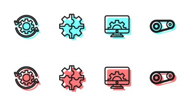 Hat monitörü ve teçhizatı, vites oklarını iş akışı olarak ayarla, ve zamanlama kemeri simgesi. Vektör.