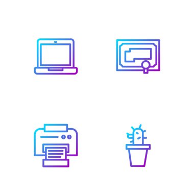 Cactus ve succulent in pot, Printer, Laptop ve Sertifika şablonunu ayarla. Renk simgeleri. Vektör.