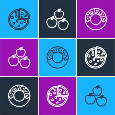Pizza, Donut ve Apple ikonu. Vektör.