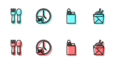 Alışveriş çantası, yiyecek, çatal kaşık, saat 24 ve Asya eriştesi yemek çubuğu ikonu. Vektör.