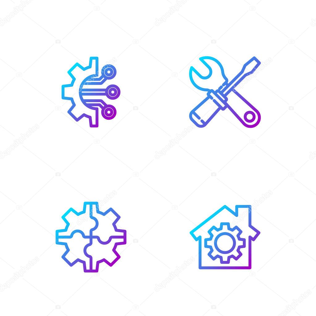 Set line House with gear, Gear, Algorithm and Screwdriver and wrench spanner. Gradient color icons. Vector.