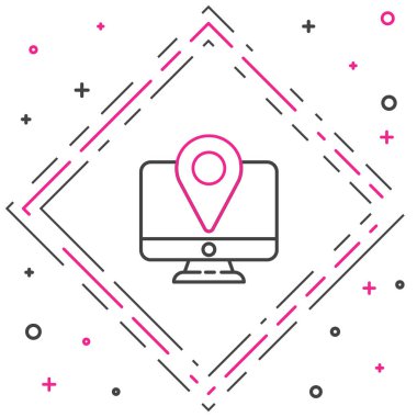 Çizgi bilgisayar monitörü ve katlanmış harita beyaz arkaplanda izole edilmiş konum imleci simgesi ile. Renkli taslak konsepti. Vektör İllüstrasyonu.