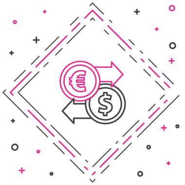 Hat Para Takas simgesi beyaz arkaplanda izole edildi. Euro ve Dolar para transferi sembolü. Bankacılık işareti. Renkli taslak konsepti. Vektör İllüstrasyonu.