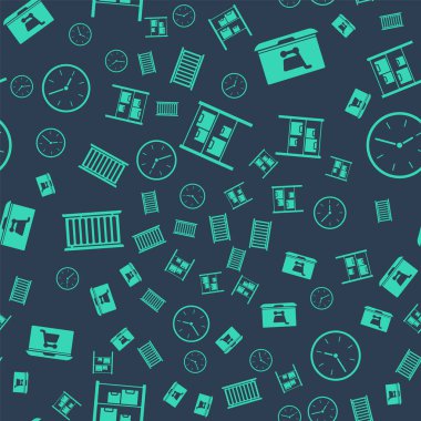 Depo 'yu, alışveriş arabasını dizüstü bilgisayara, konteynırı ve saati kusursuz desene ayarlayın. Vektör.