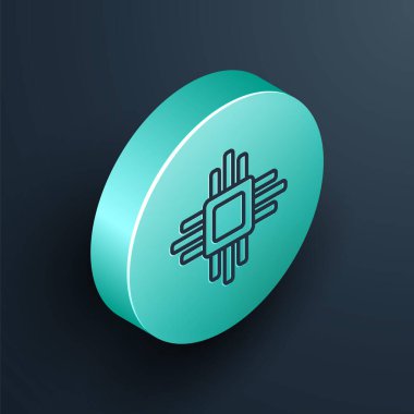 Mikro devreli Isometric Line Bilgisayar işlemcisi siyah arkaplanda izole edilmiş işlemci simgesi. Devre kartlı çip ya da işlemci. Mikro işlemci. Turkuaz daire düğmesi. Vektör İllüstrasyonu.