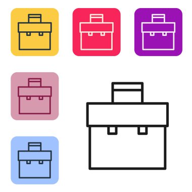 Beyaz arkaplanda siyah çizgi evrak çantası simgesi izole edildi. İş ilanı. İş portföyü. Renkli kare düğmelerle simgeleri ayarla. Vektör İllüstrasyonu.