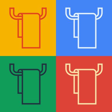 Renkli arka planda izole edilmiş bir askı ikonu üzerinde pop sanat çizgisi havlusu. Banyo havlusu ikonu. Vektör İllüstrasyonu.