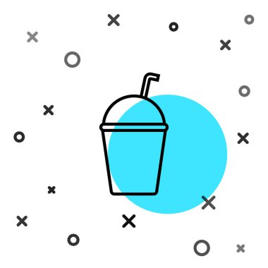 Beyaz arkaplanda siyah çizgi milkshake simgesi izole edildi. Kapaklı ve samanlı plastik bardak. Rastgele dinamik şekiller. Vektör İllüstrasyonu.