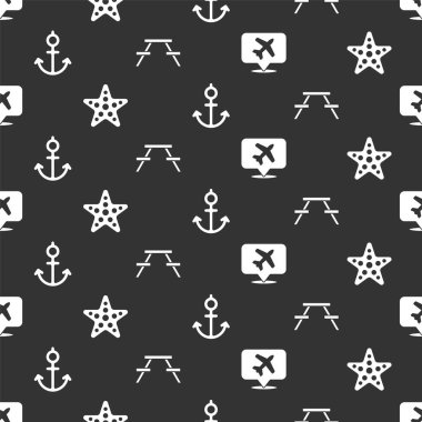 Konuşma baloncuğunu uçak, denizyıldızı, dayanak noktası ve piknik masasıyla kusursuz desenli olarak ayarla. Vektör.