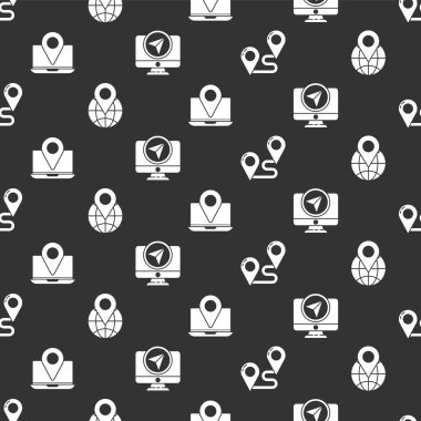 Rotanın konumunu, dünyanın konumunu, konum işaretleyicili dizüstü bilgisayarı ve kusursuz desenli konum işaretli monitörü ayarla. Vektör.