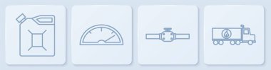 Benzin, sanayi boruları ve valf, hız göstergesi ve tanker için boru hattı ayarlayın. Beyaz kare düğme. Vektör.