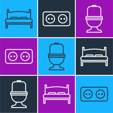 Hattı ayarla. Büyük yatak, klozet ve elektrik prizi ikonu. Vektör.