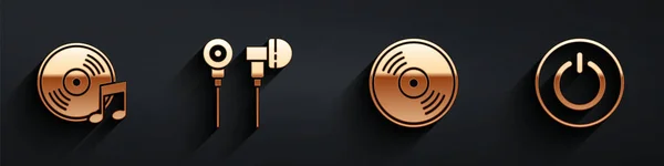 Set Vinyl Disk Air Headphones Vinyl Disk Power Button Icon — Stock Vector