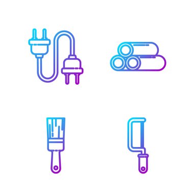 Demir testeresi, boya fırçası, elektrik prizi ve endüstriyel metalik boru. Renk simgeleri. Vektör.