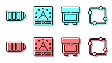 Fünye hattı, pil şarj seviyesi göstergesi, ampere ölçer, multimetre, voltmetre ve elektrik devre şeması simgesini ayarla. Vektör.